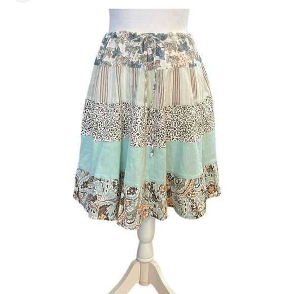 Columbia Spring Boho 100% Cotton Gauze Tiered Mini Skirt Blue Brown Size M - Picture 6 of 11